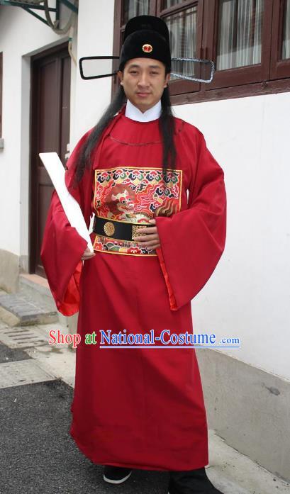 Top Grade Professional Beijing Opera Costume Ming Dynasty Minister Red Embroidered Robe, Traditional Ancient Chinese Peking Opera Embroidery Gwanbok Clothing