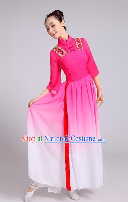 Traditional Chinese Yangge Fan Dance Costume, Chinese Classical Umbrella Dance Pink Chiffon Dress Yangko Embroidery Clothing for Women