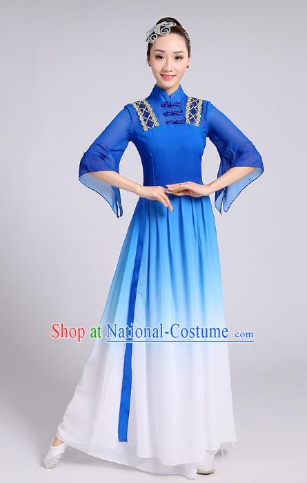 Traditional Chinese Yangge Fan Dance Costume, Chinese Classical Umbrella Dance Blue Chiffon Dress Yangko Embroidery Clothing for Women