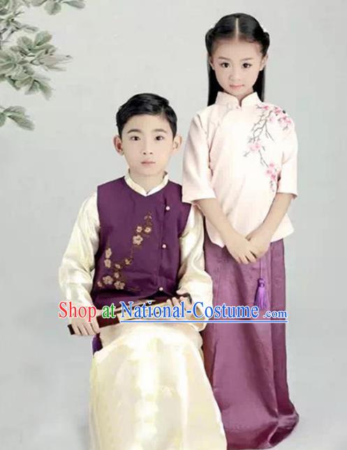 Traditional Chinese Nobility Childe and Lady Costume, Elegant Hanfu Clothing Chinese Ancient Republic of China Embroidery Robe Clothing fir Kids