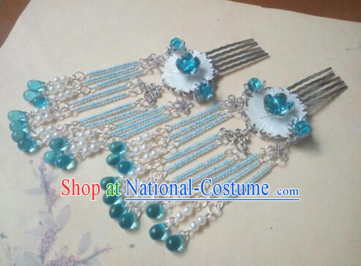 Traditional Chinese Ancient Classical Handmade Hair Accessories Blue Beads Tassel Hair Comb, Hanfu Hair Stick Hair Fascinators Hairpins for Women