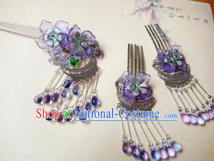 Traditional Chinese Ancient Classical Handmade Hair Accessories Purple Tassel Hair Comb Complete Set, Hanfu Hair Stick Hair Fascinators Hairpins for Women