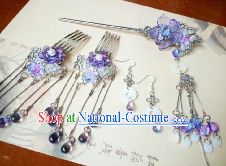 Traditional Chinese Ancient Classical Handmade Hair Accessories Purple Flowers Tassel Hair Comb Complete Set, Hanfu Hair Stick Hair Fascinators Hairpins for Women