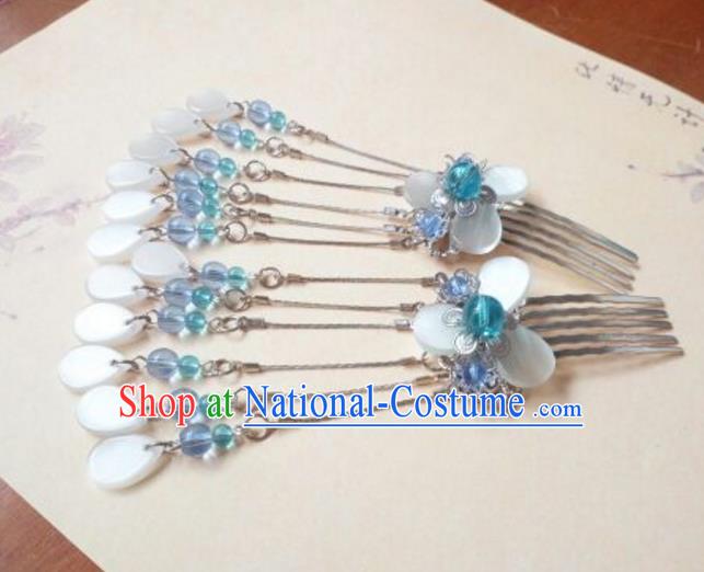 Traditional Chinese Ancient Classical Handmade Hair Accessories Palace Lady Blue Beads Tassel Hairpin, Hanfu Hair Comb Hair Fascinators Hairpins for Women