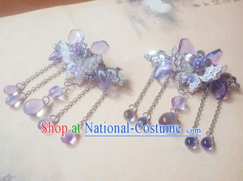 Traditional Chinese Ancient Classical Handmade Hair Accessories Palace Lady Purple Beads Tassel Butterfly Hairpin, Hanfu Hair Claw Hair Fascinators Hairpins for Women