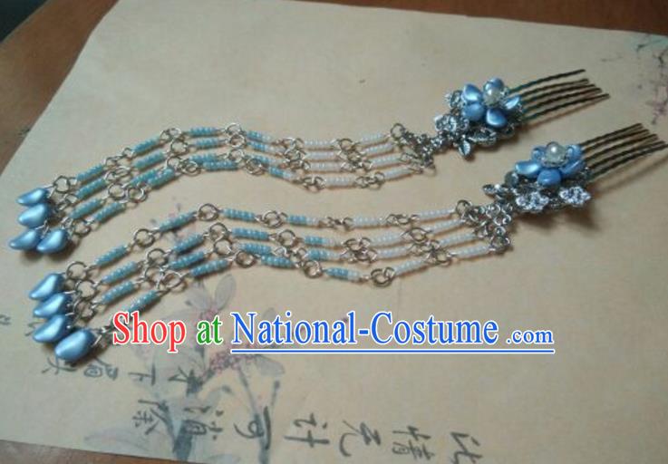 Traditional Chinese Ancient Classical Handmade Palace Princess Hairpin Hair Accessories, Hanfu Blue Tassel Hair Comb Hair Fascinators Hairpins for Women