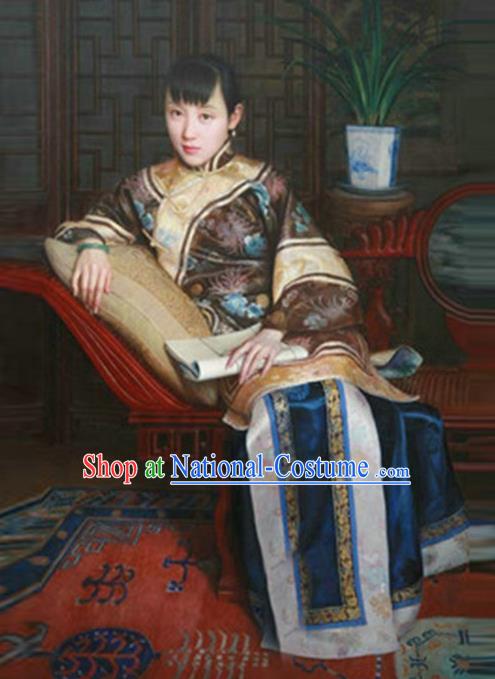 Traditional Ancient Chinese Republic of China Peeresses Costume Brown Xiuhe Suit, Elegant Hanfu Clothing Chinese Qing Dynasty Nobility Dowager Clothing for Women