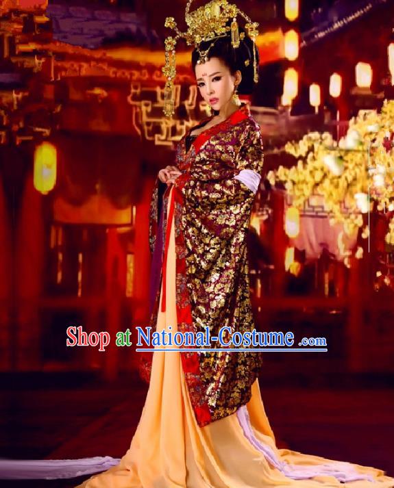 Traditional Ancient Chinese Imperial Consort Costume and Headpiece Complete Set, Elegant Hanfu Clothing Chinese Tang Dynasty Imperial Empress Tailing Embroidered Clothing