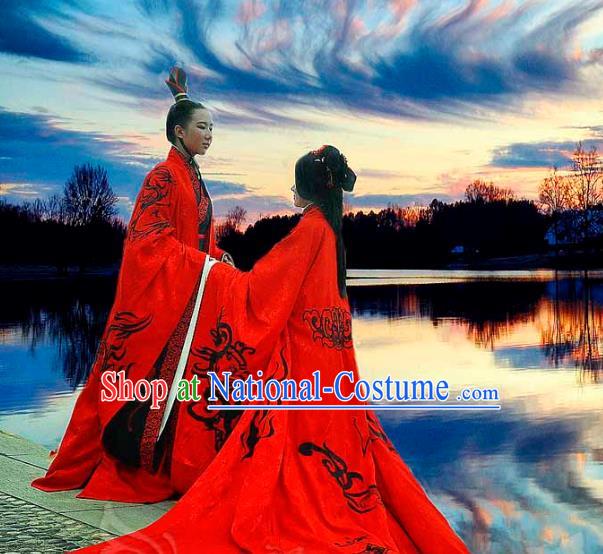 Traditional Ancient Chinese Imperial Emperor and Empress Wedding Red Costume Complete Set, Elegant Hanfu Clothing Chinese Han Dynasty Bride and Bridegroom Embroidered Clothing