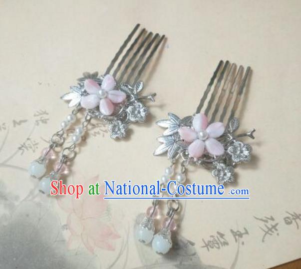 Traditional Handmade Chinese Ancient Classical Palace Lady Hair Accessories Tassel Hair Comb, Hair Fascinators Pink Hairpins for Women