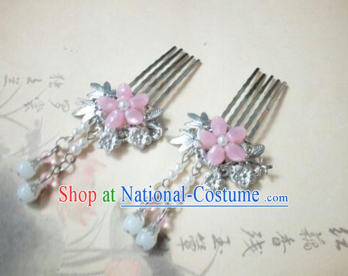 Traditional Handmade Chinese Ancient Classical Palace Lady Hair Accessories Pink Tassel Hair Comb, Hair Fascinators Hairpins for Women