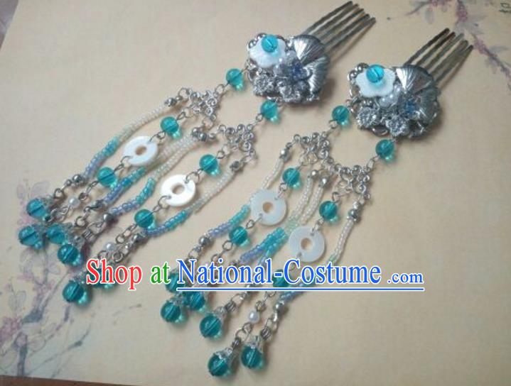 Traditional Handmade Chinese Ancient Classical Palace Lady Hair Accessories Hanfu Blue Tassel Hair Comb, Hair Fascinators Hairpins for Women