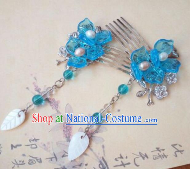 Traditional Handmade Chinese Ancient Classical Hanfu Hair Accessories Hair Comb, Princess Hairpins Blue Step Shake Headwear for Women