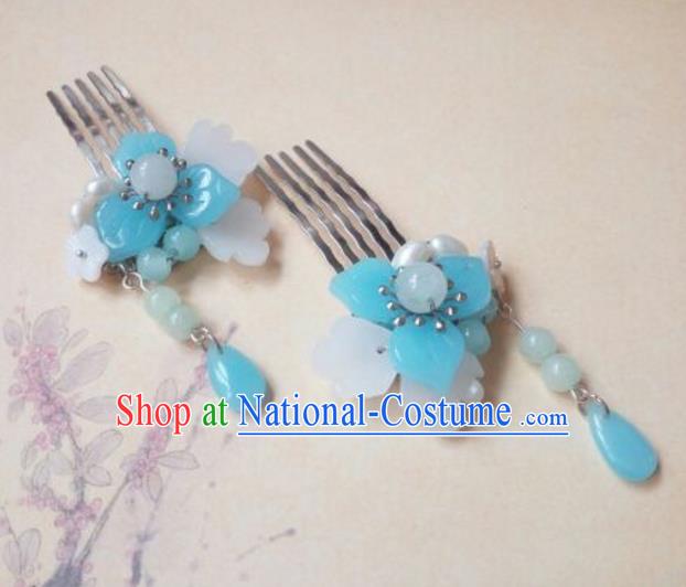 Traditional Handmade Chinese Ancient Classical Hair Accessories Tassel Hairpin Blue Beads Hair Comb Headwear Hair Stick for Women