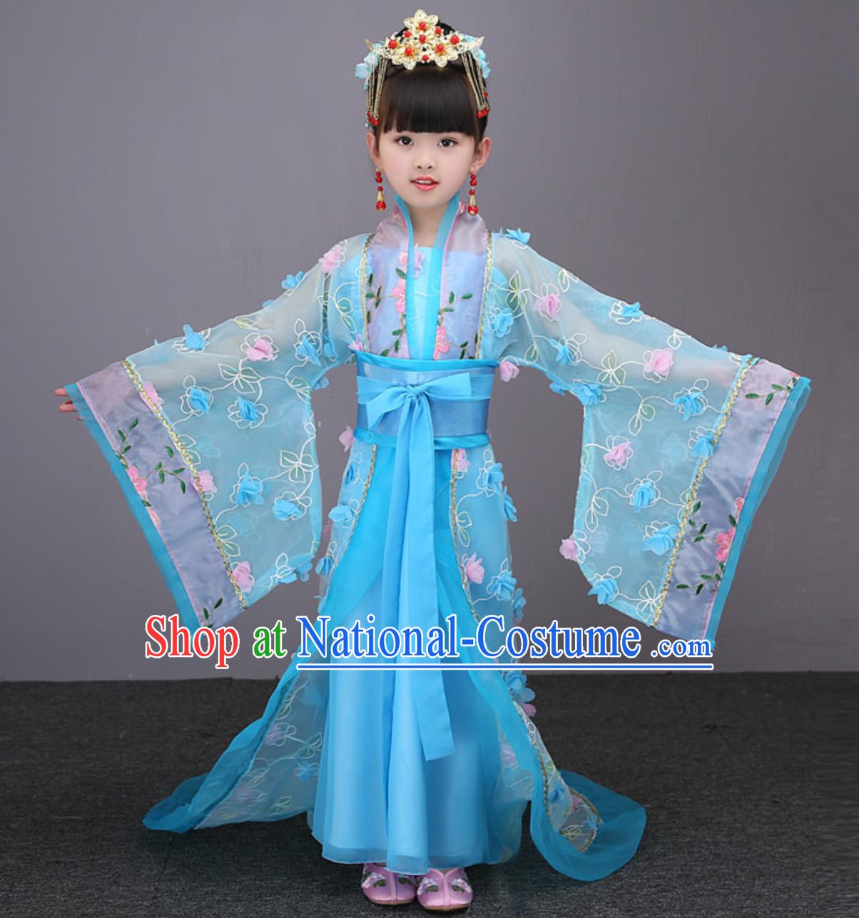 Blue Color Ancient Chinese Imperial Female Emperor Clothing and Hair Accessories Complete Set for Women