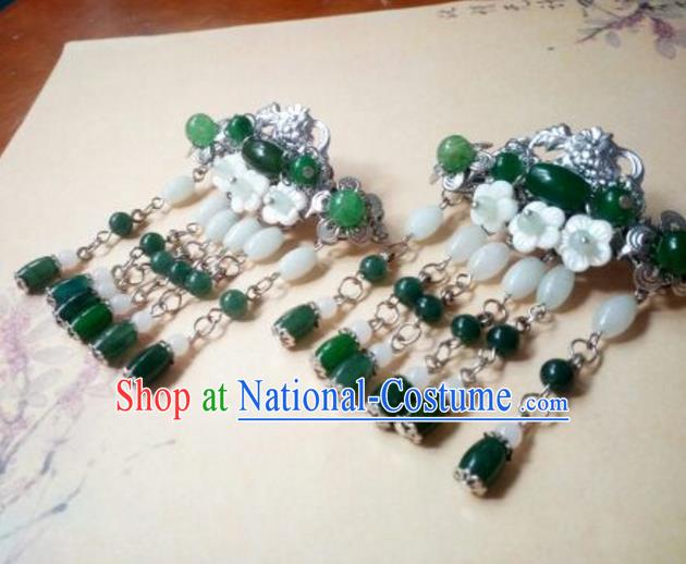 Traditional Handmade Chinese Ancient Classical Hair Accessories Green Coloured Glaze Beads Tassel Hair Stick Headwear for Women