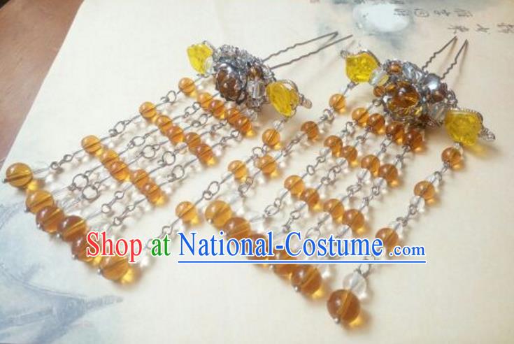 Traditional Handmade Chinese Ancient Classical Hanfu Hair Accessories, Yellow Beads Tassel Hairpins Step Shake Headwear for Women