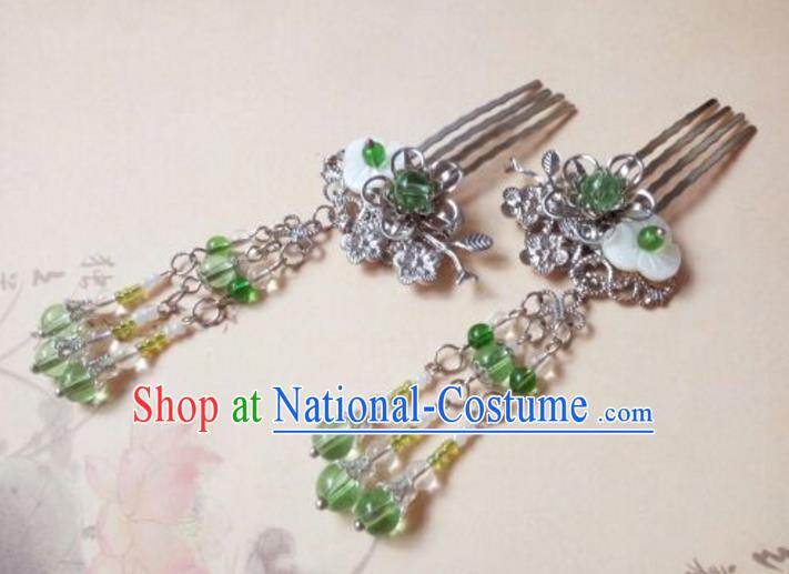 Traditional Handmade Chinese Ancient Classical Hanfu Hair Accessories, Princess Tassel Hairpins Green Beads Hair Comb Headwear for Women