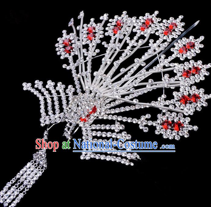 Traditional Beijing Opera Diva Hair Accessories Red Crystal Phoenix Hairpins, Ancient Chinese Peking Opera Hua Tan Tassel Step Shake Hair Stick Headwear