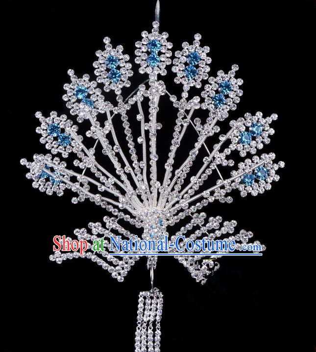 Traditional Beijing Opera Diva Hair Accessories Blue Crystal Phoenix Hairpins, Ancient Chinese Peking Opera Hua Tan Tassel Step Shake Hair Stick Headwear