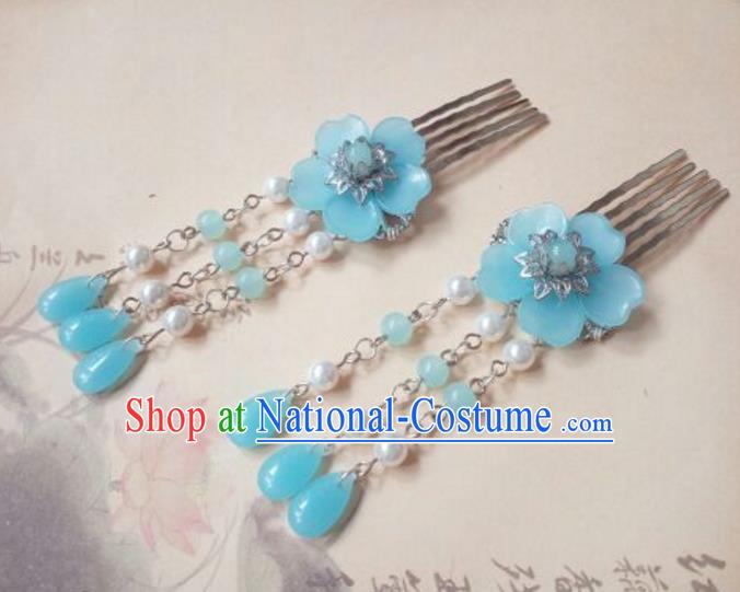 Traditional Handmade Chinese Ancient Classical Hanfu Hair Accessories Blue Flower Tassel Hair Comb, Princess Palace Lady Hairpins Hair Stick for Women