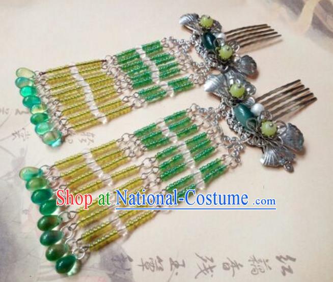 Traditional Handmade Chinese Ancient Classical Hanfu Hair Accessories Green Beads Tassel Hair Comb, Princess Palace Lady Hairpins Hair Stick for Women