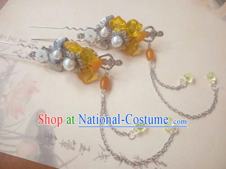 Traditional Handmade Chinese Ancient Classical Hanfu Hair Accessories Tassel Step Shake, Princess Palace Lady Yellow Hairpins Hair Stick for Women