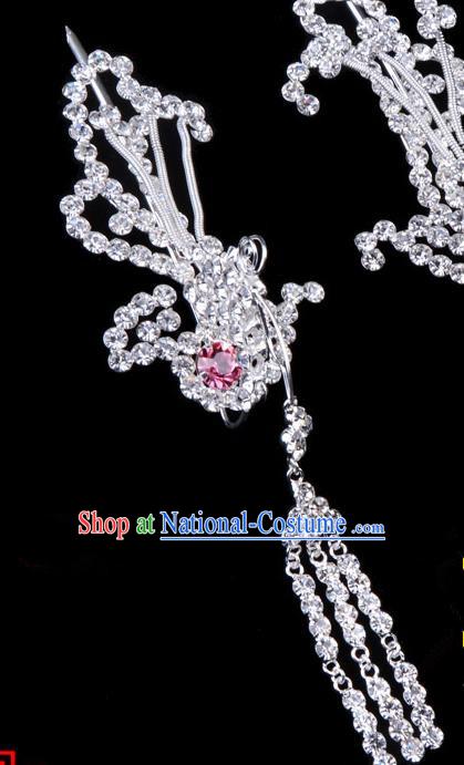 Traditional Beijing Opera Diva Hair Accessories Pink Crystal Phoenix Hairpins Head-ornaments, Ancient Chinese Peking Opera Hua Tan Tassel Step Shake Hair Stick Headwear