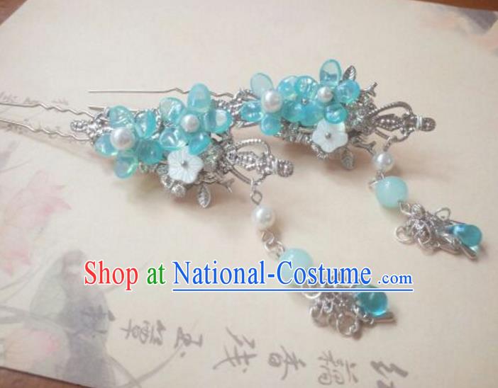 Traditional Handmade Chinese Ancient Classical Hanfu Hair Accessories Blue Tassel Step Shake, Princess Palace Lady Hairpins Hair Stick for Women