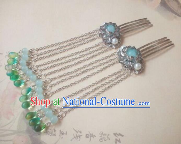 Traditional Handmade Chinese Ancient Classical Hanfu Hair Accessories Green Beads Tassel Hair Comb, Princess Palace Lady Hairpins Hair Stick for Women