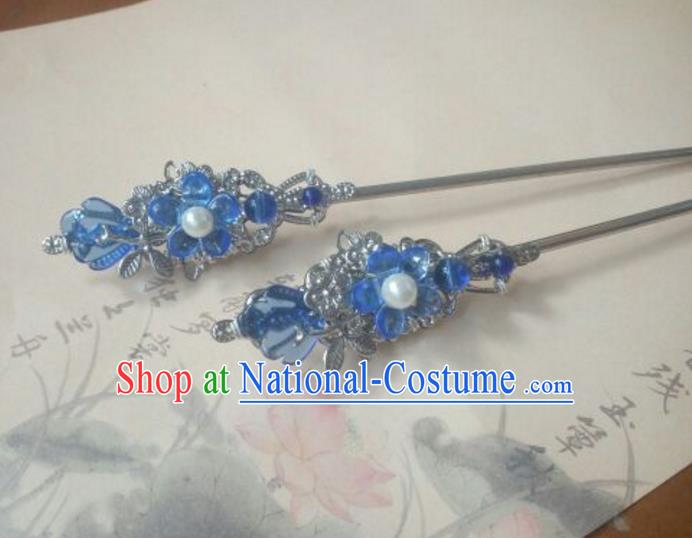 Traditional Handmade Chinese Ancient Classical Hanfu Hair Accessories Princess Palace Lady Blue Flower Hairpins Hair Stick for Women