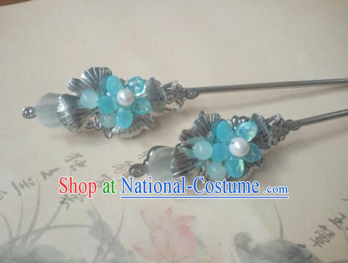 Traditional Handmade Chinese Ancient Classical Hanfu Hair Accessories Princess Palace Lady Blue Flower Hairpins Hair Stick for Women