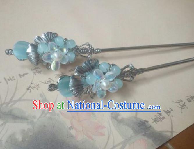 Traditional Handmade Chinese Ancient Classical Hanfu Hair Accessories Princess Palace Lady Blue Flower Hairpins Hair Stick for Women