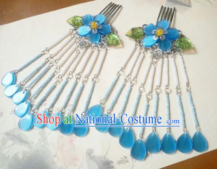 Traditional Handmade Chinese Ancient Classical Hanfu Hair Accessories Blue Hair Comb, Princess Palace Lady Tassel Hairpins for Women