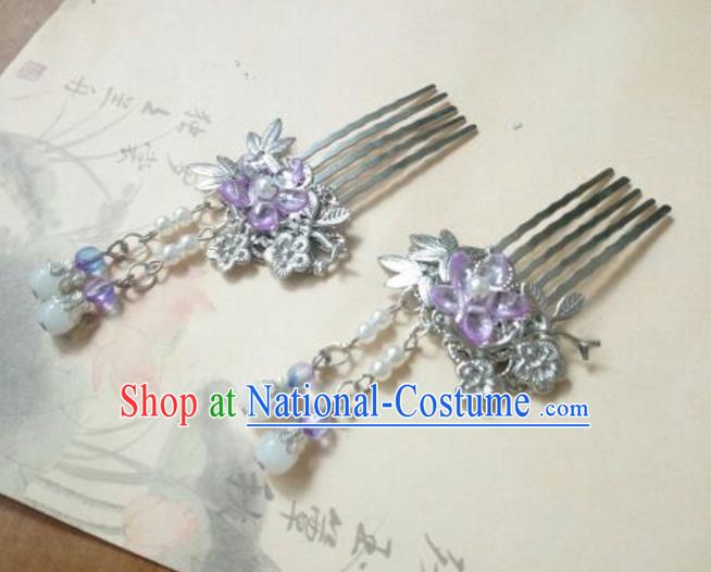 Traditional Handmade Chinese Ancient Classical Hanfu Hair Accessories Purple Flower Hair Comb, Princess Palace Lady Tassel Hairpins for Women