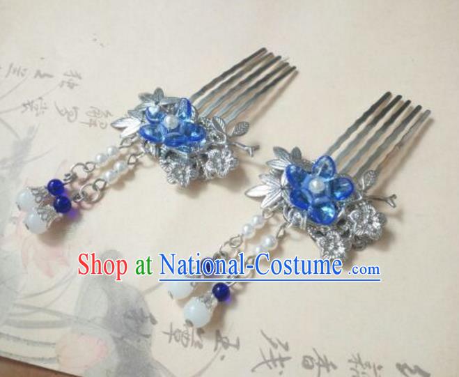 Traditional Handmade Chinese Ancient Classical Hanfu Hair Accessories Blue Flower Hair Comb, Princess Palace Lady Tassel Hairpins for Women