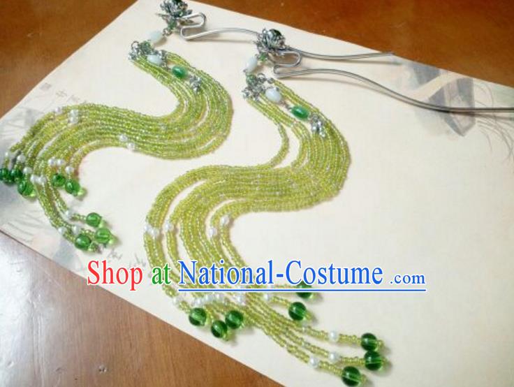 Traditional Handmade Chinese Ancient Classical Hanfu Hair Accessories Tassel Hairpins, Princess Palace Lady Green Step Shake for Women