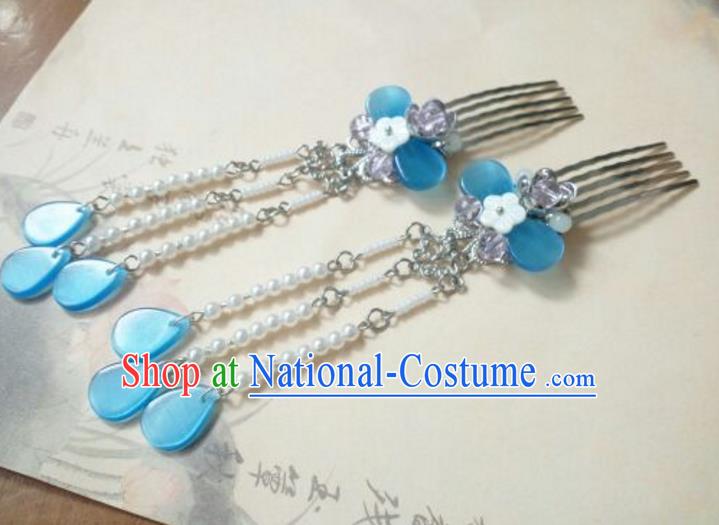 Traditional Handmade Chinese Ancient Classical Hanfu Hair Accessories Tassel Hairpins, Princess Palace Lady Blue Hair Comb for Women