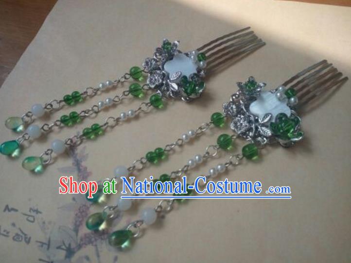 Traditional Handmade Chinese Ancient Classical Hanfu Hair Accessories Tassel Hairpins, Princess Palace Lady Green Tassel Hair Comb for Women