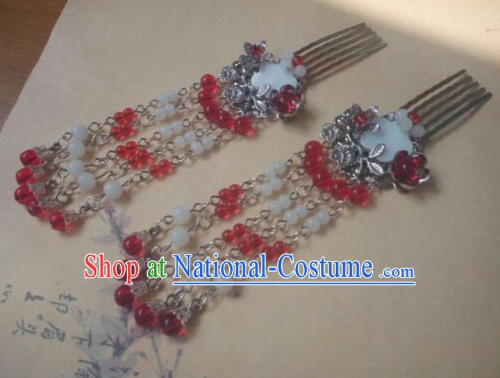 Traditional Handmade Chinese Ancient Classical Hanfu Hair Accessories Tassel Hairpins, Princess Palace Lady Red Tassel Hair Comb for Women