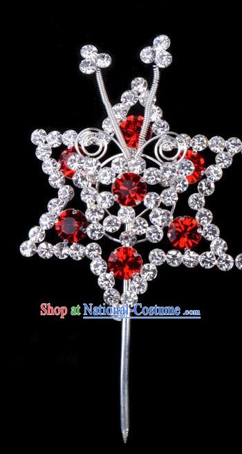 Traditional Beijing Opera Diva Hair Accessories Red Crystal Hexagon Head Ornaments Hairpins, Ancient Chinese Peking Opera Hua Tan Hair Stick Headwear