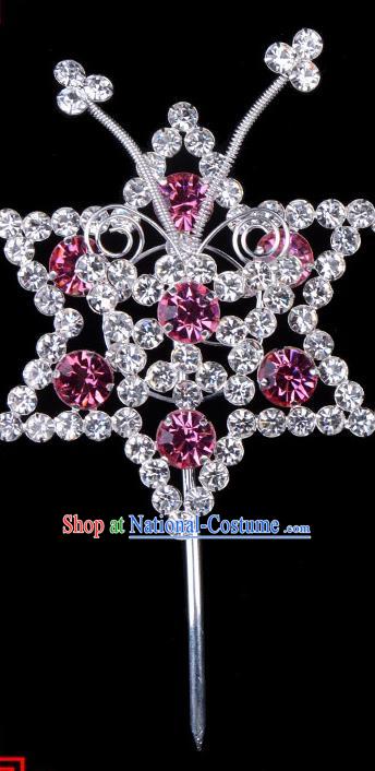 Traditional Beijing Opera Diva Hair Accessories Pink Crystal Hexagon Head Ornaments Hairpins, Ancient Chinese Peking Opera Hua Tan Hair Stick Headwear