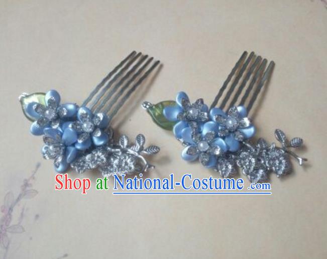 Traditional Handmade Chinese Ancient Classical Hanfu Hair Accessories Hairpins Blue Hair Comb, Princess Headpiece Palace Lady Hair Stick for Women