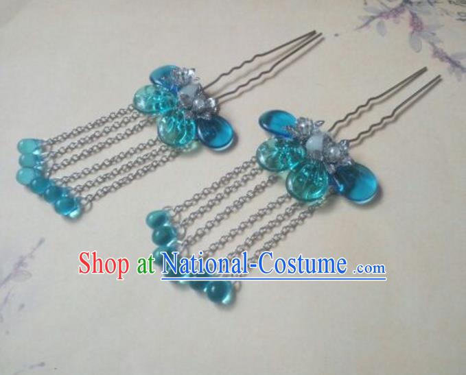 Traditional Handmade Chinese Ancient Classical Hanfu Hair Accessories Hairpins Blue Tassel Hair Comb, Princess Headpiece Palace Lady Hair Stick for Women