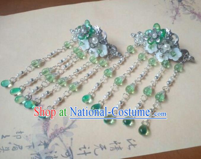 Traditional Handmade Chinese Ancient Classical Hanfu Hair Accessories Green Bead Tassel Hairpins, Princess Headpiece Hair Claw for Women