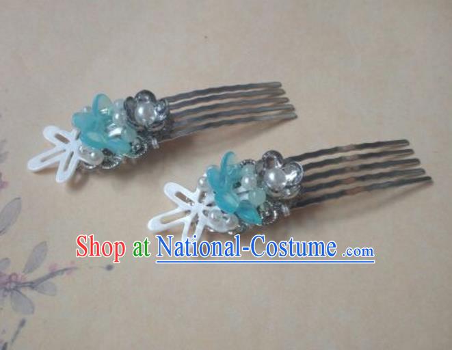 Traditional Handmade Chinese Ancient Classical Hanfu Hair Accessories Blue Hairpins, Princess Headpiece Hair Comb for Women