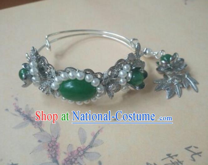 Traditional Handmade Chinese Ancient Classical Hanfu Bracelets, Princess Palace Lady Green Jade Bangle for Women