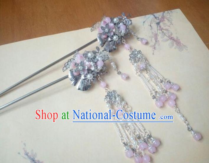 Traditional Handmade Chinese Ancient Classical Hanfu Hair Accessories Pink Beads Tassel Hairpins, Princess Headpiece Step Shake Hair Fascinators for Women