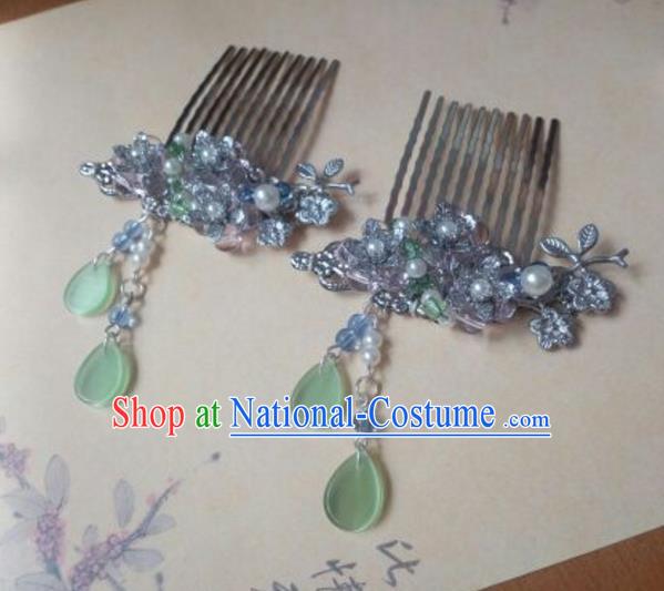 Traditional Handmade Chinese Ancient Classical Hanfu Hair Accessories Green Hair Comb Hairpins, Princess Headpiece Step Shake Hair Fascinators for Women