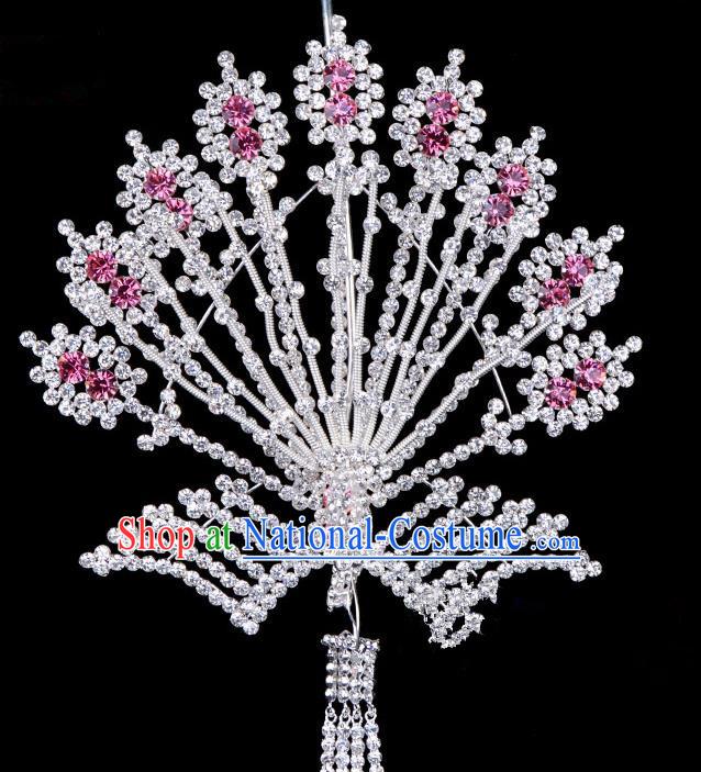 Traditional Beijing Opera Diva Hair Accessories Pink Crystal Phoenix Hairpins, Ancient Chinese Peking Opera Hua Tan Tassel Step Shake Hair Stick Headwear